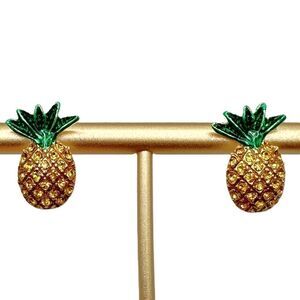 Pineapple Rhinestone Earrings 3/4 Inch Tropical Vacation Summer Hawaii